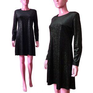 Vintage 80s/90s M Party Dress Black Velvet Mini Glitter Pinstripes Long Sleeve